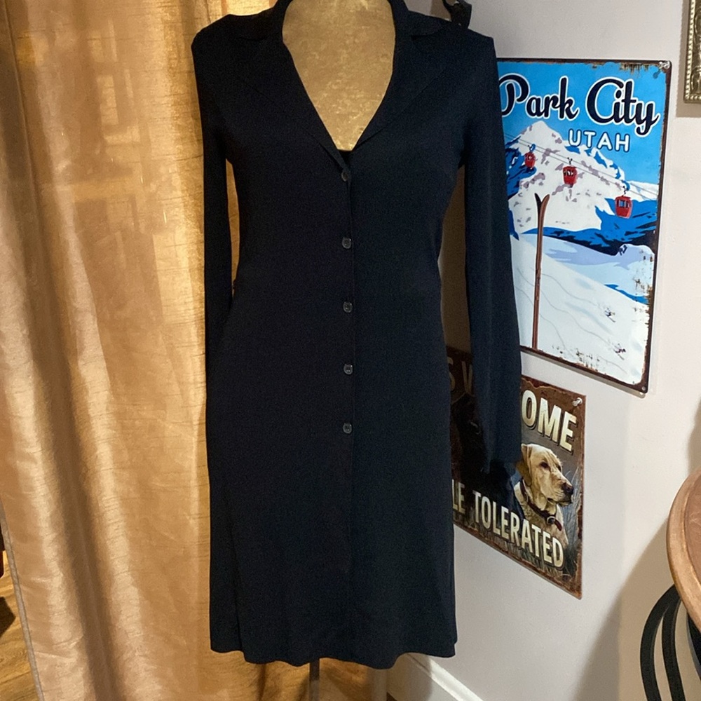 Y2K BCBG Max Azria Black Knit Dress Button Down Collared- missing belt